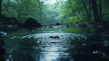 A soft-focus, slow-motion video clip of raindrops falling rhythmically onto a tranquil pond.
