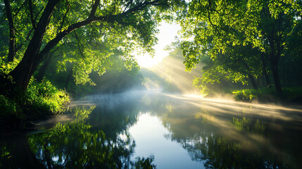 serene river at sunrise with mist rising from water, surrounded by lush greenery