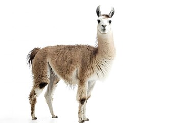 Obraz premium A standing llama with a fluffy coat against a white background.
