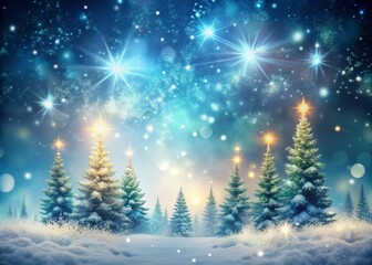 Sparkling Christmas Trees and Glowing Stars in a Dreamy Winter Night Landscape with Copy Space for Text