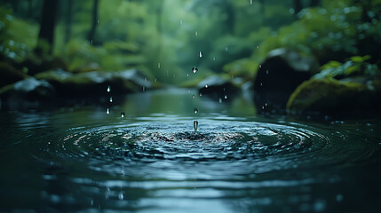 A soft-focus, slow-motion video clip of raindrops falling rhythmically onto a tranquil pond.