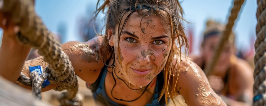 Athletic woman determinedly participating in an obstacle course race, crossing a wooden hurdle.