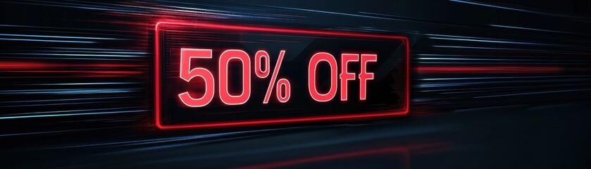 Concept of sale signs and promotions. A vibrant red promotional banner displaying "50% OFF" signifying a limited-time discount likely intended for an online shopping context