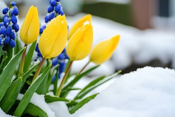 Fototapeta premium Bright yellow tulips bloom through fresh snow in a serene garden during early spring