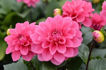 Vibrant pink dahlias bloom beautifully in a lush garden during the sunny afternoon hours