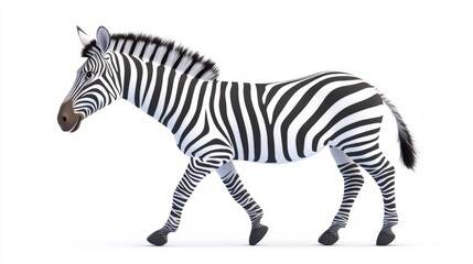 A zebra walking in a side view with black and white stripes.