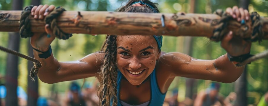 Athletic woman determinedly participating in an obstacle course race, crossing a wooden hurdle.
