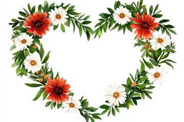 Obraz premium Colorful heart-shaped floral arrangement with red and white flowers against a white background.