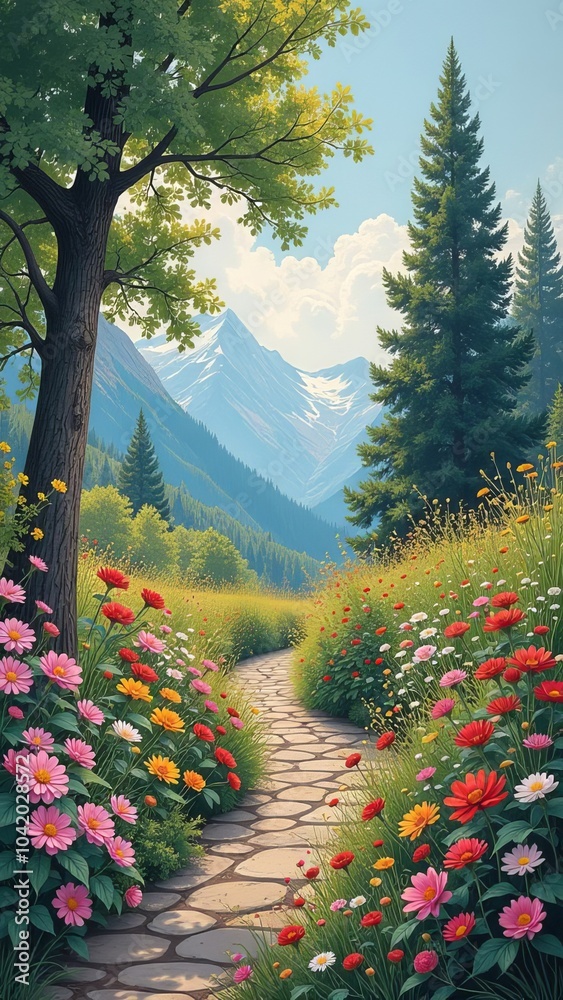 Poster a beautiful landscape with a path leading to a tree