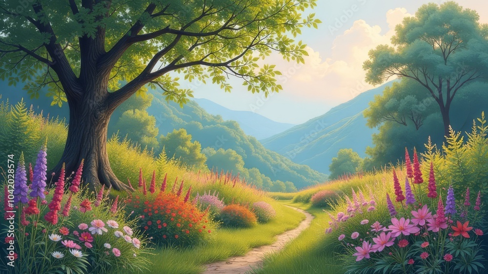 Poster a beautiful landscape with a path leading to a tree