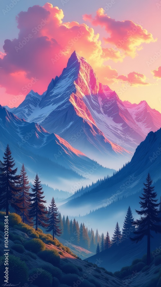 Poster A mountain range with a large peak in the background