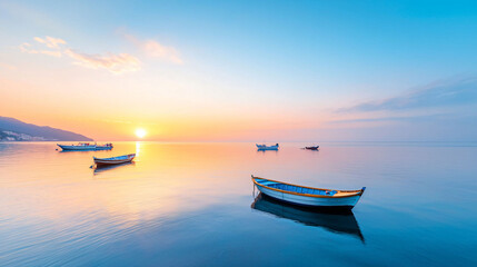 serene sunrise over quiet harbor with boats gently rocking on calm waters