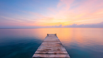 Obraz premium serene sunrise over empty fishing pier reflects on calm waters