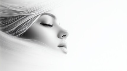 Serene portrait of a woman with flowing hair against a white background.