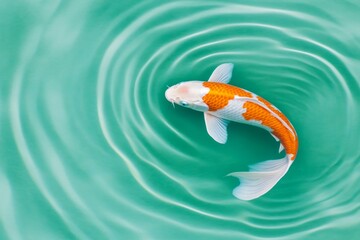 A graceful koi fish glides through clear water as sunlight illuminates its vibrant scales