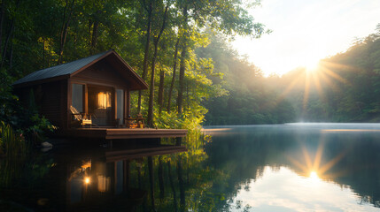 Fototapeta premium serene lakeside cabin at dawn, surrounded by lush trees and reflecting sunlight