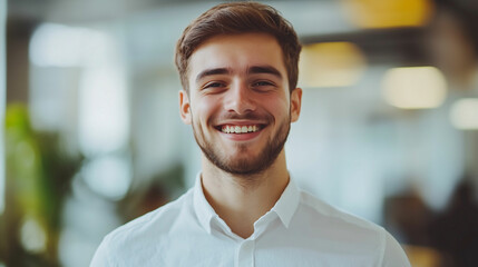 Fototapeta premium Young intern smiles confidently in a bright corporate office during summer
