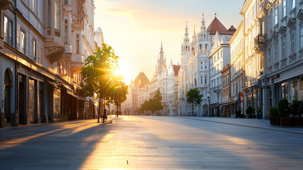 Fototapeta premium serene city square at dawn, bathed in warm sunlight, showcasing beautiful architecture