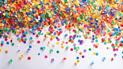 Colorful falling confetti on white background viewed from above