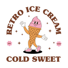 Retro logo mascot with ice cream. Groovy food mascot for bakery, pastry shop, cafe menu and more.