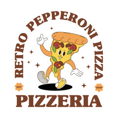 Retro logo mascot with pizza. Groovy food mascot for pizzeria, bistro, pub, cafe menu and more.