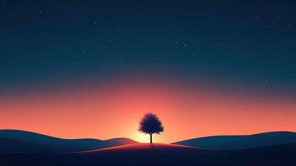 Obraz premium Silhouette of a tree against a vibrant sunset over rolling hills.