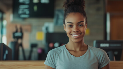 A student receptionist at a local gym providing friendly service during peak hours