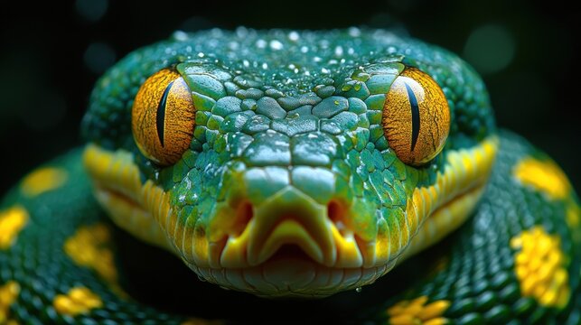 A close-up portrait of a green tree python with yellow eyes staring directly at the camera.