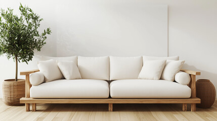 Fototapeta premium Modern minimalist living room featuring a white cushioned sofa on a wooden frame, wicker decor, and a potted indoor tree for freshness. 