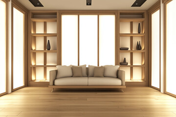 A stylish living room featuring a beige sofa surrounded by illuminated wooden shelving units, creating a warm, inviting atmosphere with modern and minimalistic design