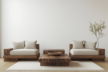 A minimalist living room featuring contemporary wooden armchairs, a matching coffee table, neutral cushions, and a decorative indoor plant for balance.
