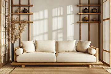 Japanese-inspired living room with a beige sofa, wooden frame, and minimalist shelving decorated with pottery. Sunlight filters through shoji screens, creating a warm and serene atmosphere. Front view