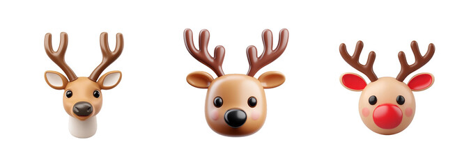 A collection of cartoon reindeer faces isolated on a transparent background, ideal for Christmas holiday designs and concepts