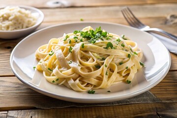 reflected fettuccine alfredo with parmesan cheese plate pasta