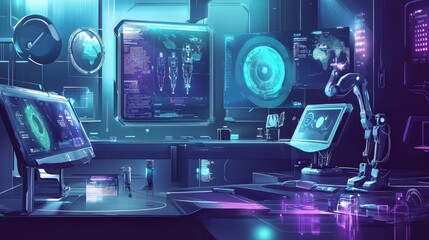A futuristic office interior with high-tech equipment and glowing screens.