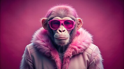 Pink monkey wearing sunglasses and furry jacket in studio with leading lines