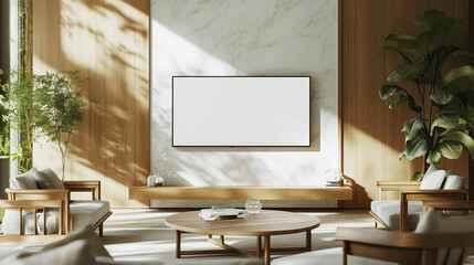 Bright and airy living room featuring a blank screen TV on a marble and wooden accent wall, surrounded by lush indoor plants and minimalist furniture, showcasing a natural aesthetic