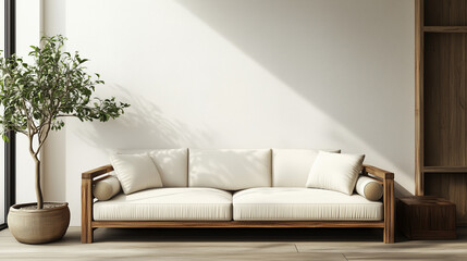 A minimalist living room featuring a white-cushioned wooden sofa, a large potted indoor plant, and natural sunlight against a neutral wall.
