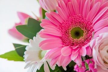 Vibrant pink gerbera daisies surrounded by delicate white blooms in a fresh floral arrangement