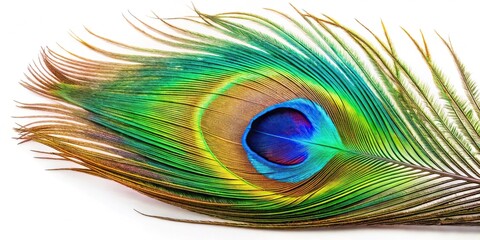 Naklejka premium Colorful peacock feather close-up isolated on white background