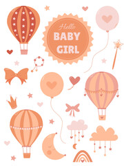 a collection of cute elements for a girl with air hot balloons, jewelry, clouds and stars on a white background