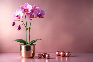 Pink orchid in rose gold pot silhouette with rose gold balls