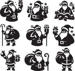 Obraz premium Santa Claus Icon Set: A collection of twelve unique Santa Claus illustrations in a classic black and white silhouette style, perfect for Christmas designs. 
