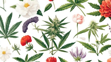 Seamless pattern with cannabis leaves and various flowers in vintage style.