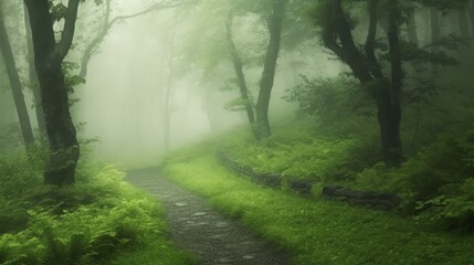 Obraz premium A misty forest path winds through a lush, green landscape.