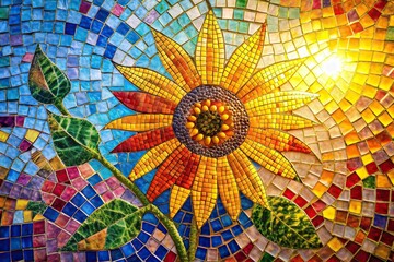 Colorful flower mosaic with yellow sun in background
