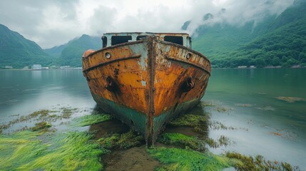 A rusty shipwreck sits partially submerged in a calm bay, surrounded by lush green hills and fog.