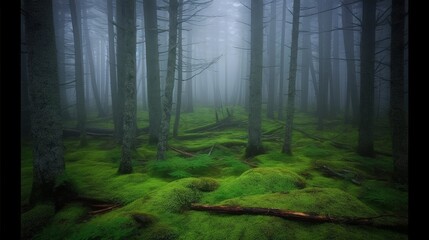 Fototapeta premium A misty forest with tall trees and lush green moss covering the ground.