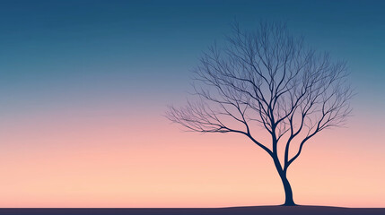 Silhouette of a tree with bare branches, blue and purple sky in the background, soft gradient, minimalist style, calming mood