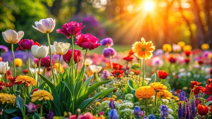 Colorful flowers blooming in spring garden with soft sunlight